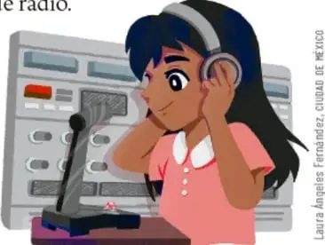 Ilustración de una niña con audífonos frente a una consola de radio y un micrófono. Crédito: Laura Ángeles Fernández, Ciudad de México.