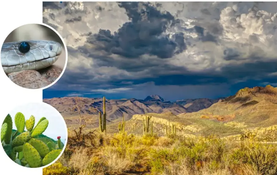 Paisaje de desierto con nubes de tormenta, montañas, cardones y vegetación xerófila.
