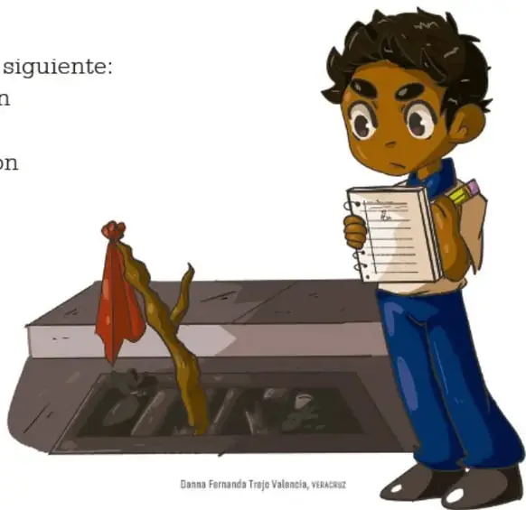 Niño de piel morena con cuaderno y lápiz observa una coladera abierta con una tela roja atorada; representa una zona de riesgo sin señalamiento.
