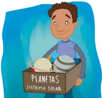 Niño sosteniendo una caja con planetas y la etiqueta 'PLANETAS SISTEMA SOLAR'.