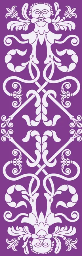 Ilustración decorativa de estilo mesoamericano con figuras simétricas, rostros y motivos vegetales en blanco sobre fondo morado.