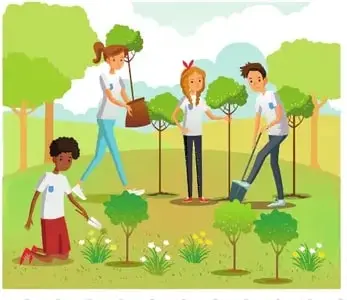Ilustración de cuatro personas plantando árboles en un parque con flores.