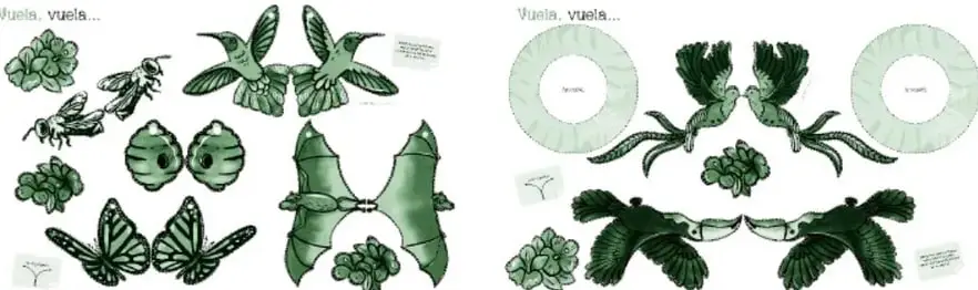 Plantilla «Vuela, vuela…» con recortables en verde: abejas, colibríes, nubes, un murciélago con alas extendidas y mariposas.