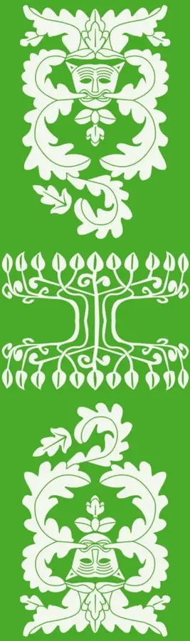 Tres ornamentos decorativos en blanco sobre fondo verde: un motivo antropomorfo con follaje en la parte superior, un árbol estilizado con raíces y ramas simétricas al centro, y otro motivo ornamental con hojas y figura humana estilizada en la parte inferior.