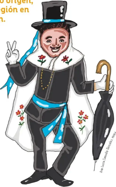 Fotografía de un muñeco o danzante con máscara rosada, sombrero negro de copa, paliacate blanco, pantalón de piel blanca y una escoba pequeña.