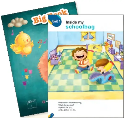 Portada del Libro Gigante 'Big Book, Unit 1: Inside my schoolbag' con ilustración de dos niños en una habitación y rima en inglés.