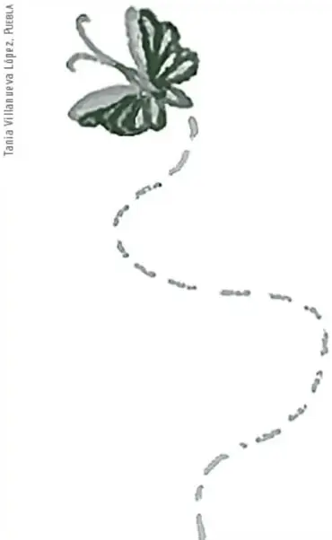 Ilustración de una mariposa con líneas punteadas que sugieren su vuelo, acompañada del crédito 'Tania Villarreal López, Perú'.