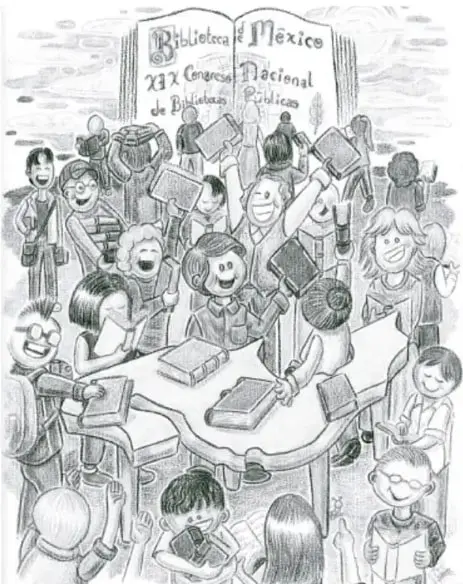 Ilustración en blanco y negro de un grupo diverso de personas reunidas alrededor de una mesa con libros, frente a un cartel que dice 'Biblioteca de México, XXIX Congreso Nacional de Bibliotecas Públicas'; algunas personas sostienen libros y otras conversan.