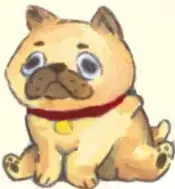 Ilustración de un perro pug con collar rojo; una burbuja de nube dice: Entonces... ¡Síganme para dibujar y escribir rimas!
