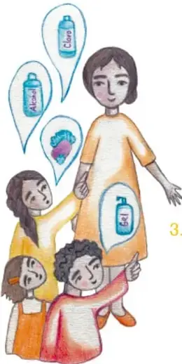 Ilustración de una maestra con varios niños y niñas; sobre ellos hay burbujas con productos de higiene.