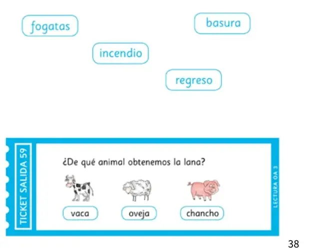 Ticket de salida 59 con la pregunta «¿De qué animal obtenemos la lana?» e imágenes de una vaca, una oveja y un chancho.