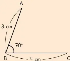 Figura incompleta con BC=4 cm y BA=3 cm formando 70° en B, para completar con regla y transportador.