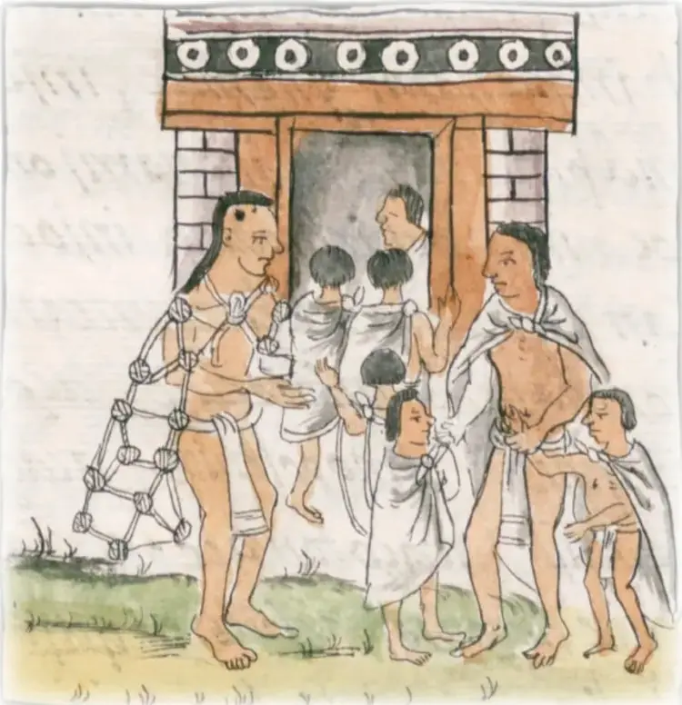Ilustración de códice: escena de entrega o ingreso de niños al telpochcalli, con adultos y jóvenes con capas frente a un edificio con dintel decorado; un adulto lleva al hombro una red con nudos.