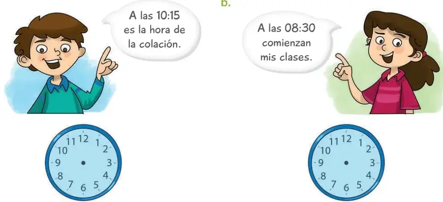Niño de polera verde señalando un globo de diálogo: «A las 10:15 es la hora de la colación», con un reloj análogo vacío debajo para dibujar la hora.