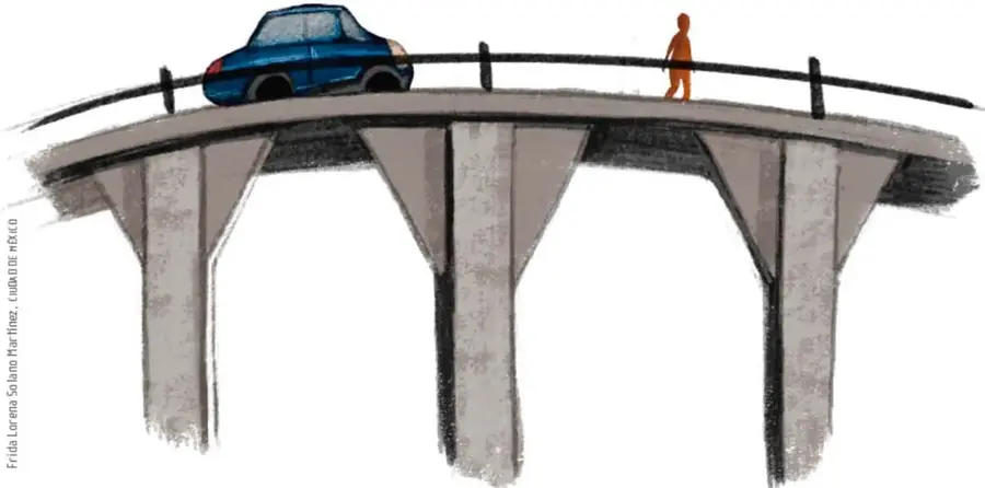 Dibujo de un puente con varios pilares y barandal, sobre el que avanzan un carro azul y una figura humana naranja.