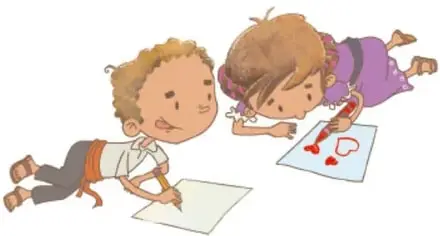 Dos niños dibujando en el piso, uno escribe sobre una hoja y la otra dibuja un corazón con crayones rojos; crédito: Maya Selene García López, CDMX.
