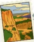 Ilustración de un paisaje con acantilados y un cielo azul, decorativa.