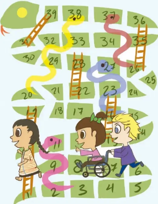 Ilustración de un tablero de serpientes y escaleras con niñas y niños, incluida una niña en silla de rueda, avanzando por los casilleros numerados. Crédito: Isis Natali Solano Ortiz, OAXACA.