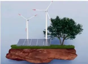 Ilustración de energías limpias: aerogeneradores, paneles solares y un árbol sobre un fragmento de terreno.