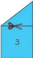 Rectángulos con una esquina doblada y recortada con tijeras; se muestra el pliegue y el corte.
