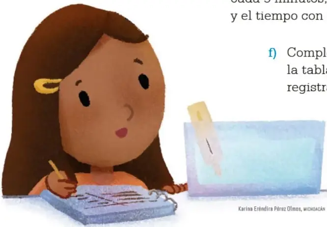 Ilustración de una niña escribiendo en una libreta junto a un recipiente con agua y un termómetro.