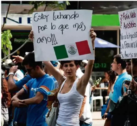 Fotografía de una mujer joven en una marcha sosteniendo un cartel que dice 'Estoy luchando por lo que más amo!!!' con una bandera de México. Detrás hay otras personas y carteles.