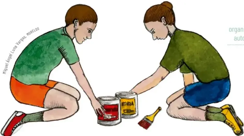 Ilustración en acuarela de dos niños arrodillados preparando botes de pintura con un pincel en el suelo, listos para pintar el patio. Crédito: Miguel Ángel Luna Vargas, MORELOS.