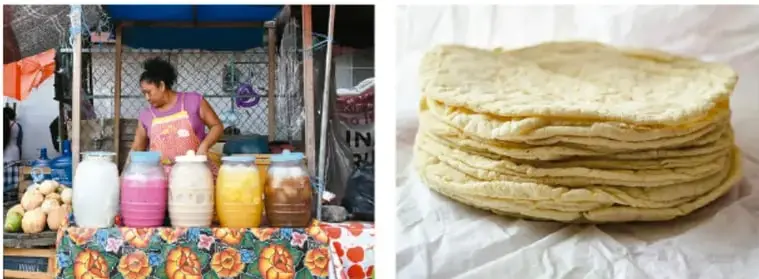 Puesto de mercado con una vendedora y recipientes de plástico con alimentos, que ilustra el uso de medidas como la jarra o el vaso en el comercio.