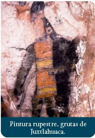 Pintura rupestre en la cueva de Oxtotitlán, mural policromo con un personaje sentado en un trono.