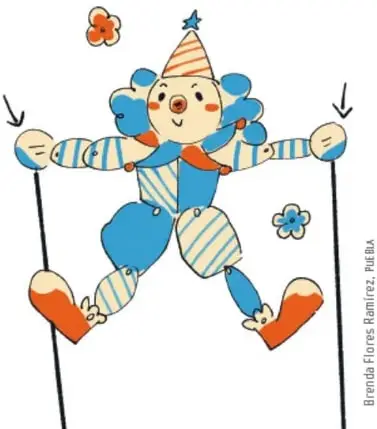 Ilustración de una marioneta de títere payaso con gorro y ropa a rayas, sostenida con dos varillas y cuerdas.