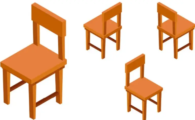 Cuatro ilustraciones de una silla de madera mostrada desde ángulos distintos (una vista grande principal y tres vistas más pequeñas), representando las vistas de un objeto.