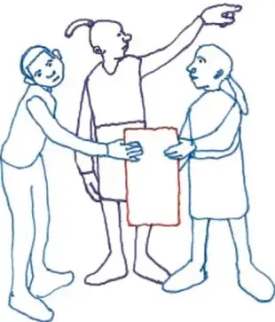 Ilustración de tres estudiantes conversando y señalando un cartel.