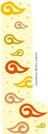 Franja decorativa vertical con espirales en tonos amarillo, naranja y café, con el texto 'Cuaultémoc Witzia Vásquez'.