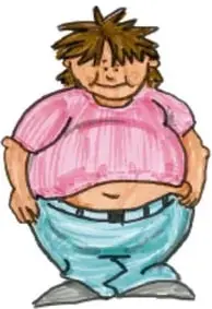 Ilustración de un niño con sobrepeso, de pie, con ropa ajustada.