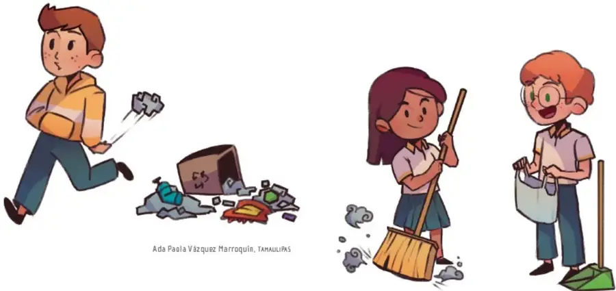 Ilustración de dos escenas: a la izquierda un niño con chamarra corriendo y tirando papeles junto a un bote de basura volcado con desperdicios en el suelo; a la derecha dos niñas, una barriendo y otra recogiendo la basura en una bolsa con la ayuda de un recogedor. Crédito: Ada Paola Vázquez Marroquín, Tamaulipas.