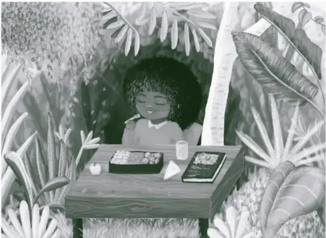 Ilustración en blanco y negro de una niña de cabello rizado sentada a una mesa de madera en un entorno selvático con hojas grandes; sobre la mesa hay una caja de colores, un vaso y un cuaderno. Crédito: Vivian Liseth Esquivel Martínez, Escuela de Diseño, UNAM.