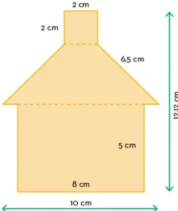 Figura compuesta con forma de casa formada por un cuadrado superior de 2 cm de lado, un trapecio isósceles con base menor 2 cm, base mayor 8 cm y lados de 6,5 cm, y un rectángulo inferior de 10 cm de base y 5 cm de altura. Se indican medidas: 2 cm, 2 cm, 6,5 cm, 5 cm, 8 cm, 10 cm y 12,12 cm.