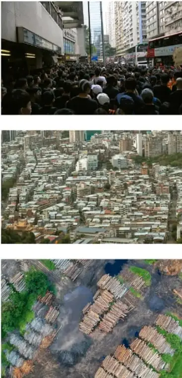 Multitud de personas caminando en una calle urbana con edificios altos, que ilustra el crecimiento poblacional y la urbanización.