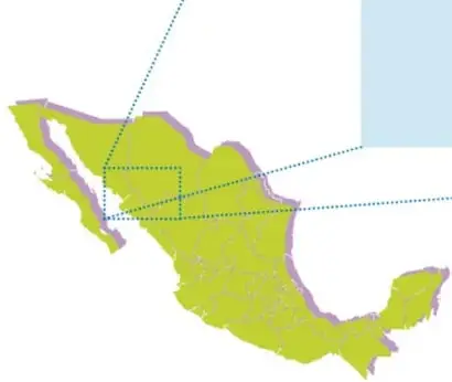 Mapa pequeño de México en verde con la región del recorrido enmarcada, conectada con líneas punteadas al mapa ampliado.