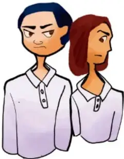 Dos estudiantes de perfil mirándose con gesto serio, ilustración de estilo cartoon