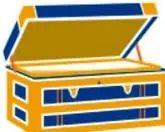 Ilustración de un baúl azul y amarillo con la etiqueta 'baúl del arte'.