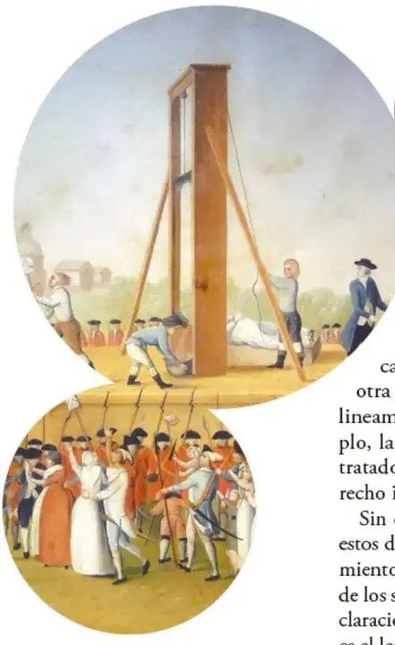 Ilustración histórica de una ejecución con guillotina en una plaza, con soldados y espectadores, ambientada en la Revolución Francesa.
