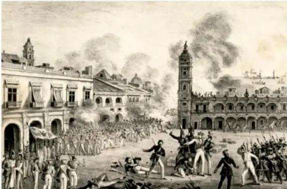 Grabado histórico que muestra una plaza con edificios coloniales, una torre y columnas de humo; soldados y civiles armados durante un enfrentamiento.