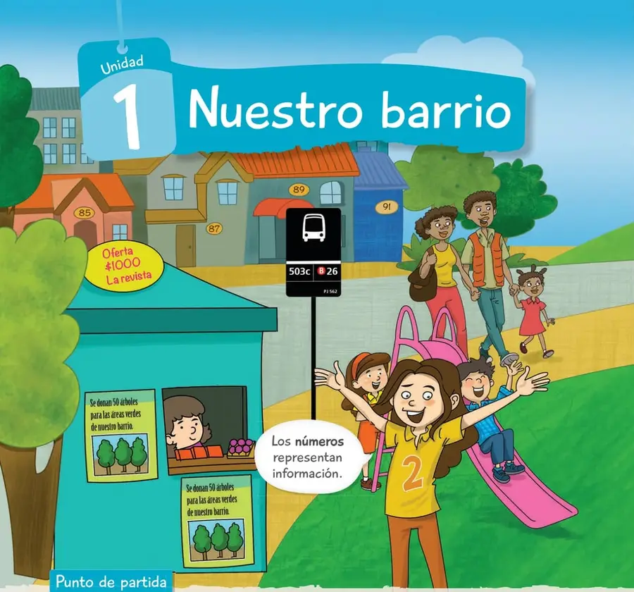 Cinta azul con el título «Unidad 1 – Nuestro barrio».