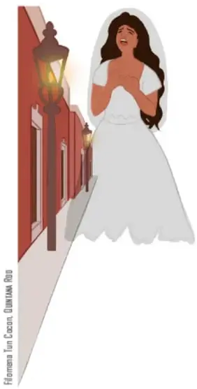 Ilustración de una mujer con vestido de novia blanco (La Llorona) de pie en una calle colonial nocturna iluminada por un farol, frente a una fachada roja. Crédito: Hilmaria Ian Conde, Quintana Roo.