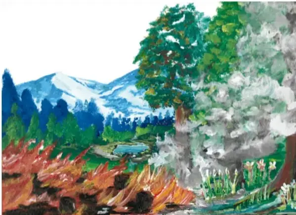 Pintura de un paisaje boscoso con pinos, montañas nevadas al fondo, una fogata o incendio con llamas naranjas en primer plano, un pequeño lago y flores; firma vertical de Abdón Pinedo García, Zacatecas.