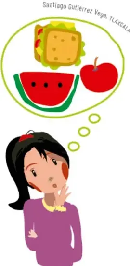 Ilustración de una niña pensando en alimentos: un sándwich, una sandía y una manzana.
