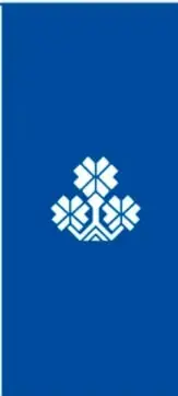 Logotipo decorativo con forma de flor o estrella de ocho pétalos en blanco sobre fondo azul.