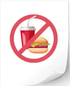 Señalética de prohibido comer (refresco y hamburguesa dentro de un círculo con barra).