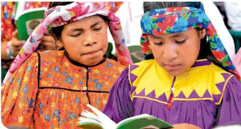 Dos niñas indígenas con vestimenta tradicional colorida (flores y bordados) leyendo un libro juntas.